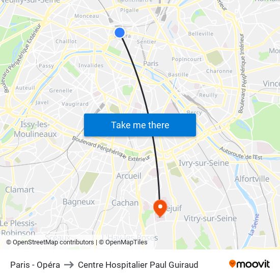 Paris - Opéra to Centre Hospitalier Paul Guiraud map