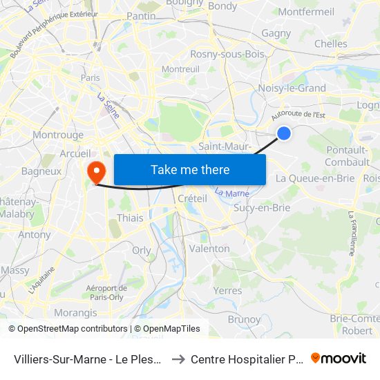 Villiers-Sur-Marne - Le Plessis-Trévise RER to Centre Hospitalier Paul Guiraud map
