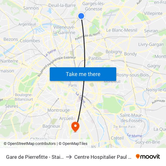 Gare de Pierrefitte - Stains RER to Centre Hospitalier Paul Guiraud map