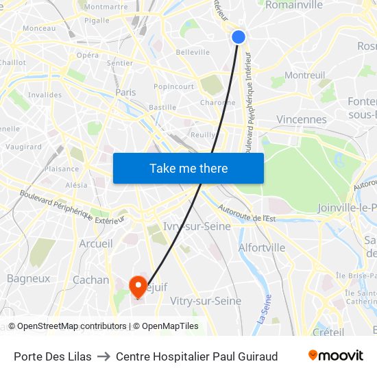 Porte Des Lilas to Centre Hospitalier Paul Guiraud map