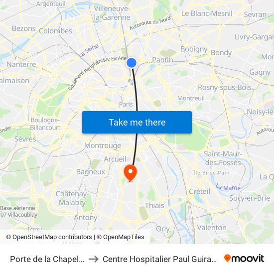 Porte de la Chapelle to Centre Hospitalier Paul Guiraud map