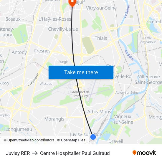 Juvisy RER to Centre Hospitalier Paul Guiraud map