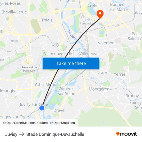 Juvisy to Stade Dominique-Duvauchelle map
