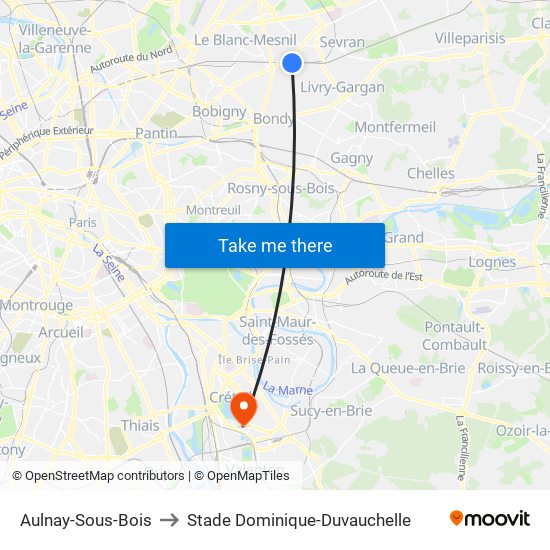 Aulnay-Sous-Bois to Stade Dominique-Duvauchelle map