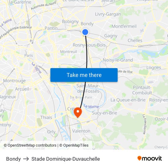 Bondy to Stade Dominique-Duvauchelle map