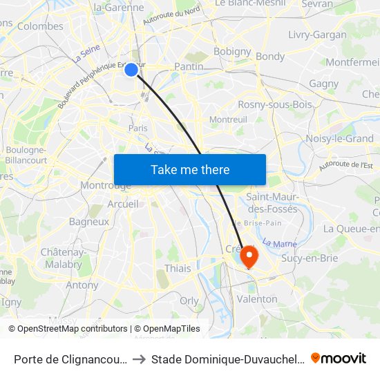 Porte de Clignancourt to Stade Dominique-Duvauchelle map
