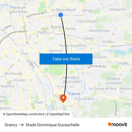 Drancy to Stade Dominique-Duvauchelle map