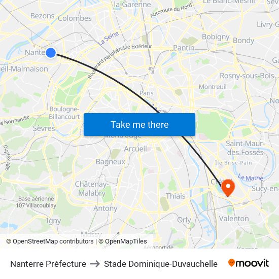 Nanterre Préfecture to Stade Dominique-Duvauchelle map