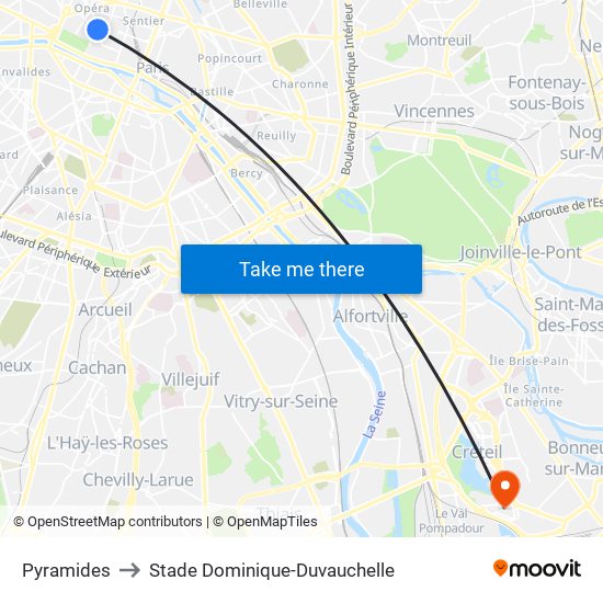 Pyramides to Stade Dominique-Duvauchelle map