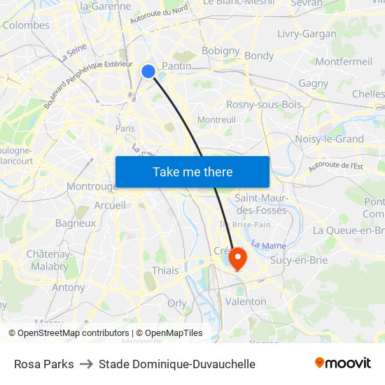 Rosa Parks to Stade Dominique-Duvauchelle map