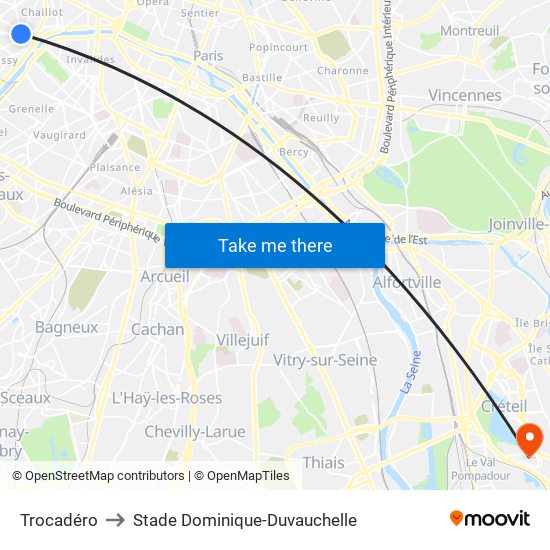 Trocadéro to Stade Dominique-Duvauchelle map