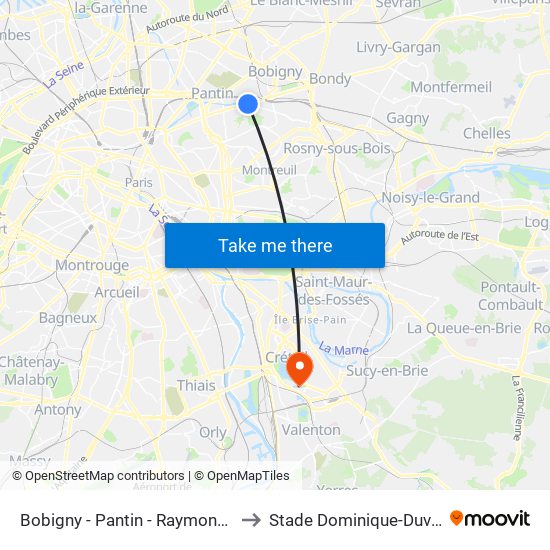 Bobigny - Pantin - Raymond Queneau to Stade Dominique-Duvauchelle map