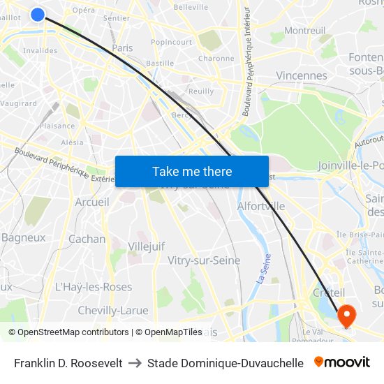 Franklin D. Roosevelt to Stade Dominique-Duvauchelle map