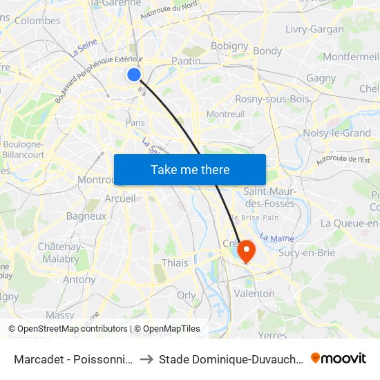 Marcadet - Poissonniers to Stade Dominique-Duvauchelle map