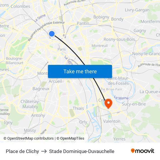 Place de Clichy to Stade Dominique-Duvauchelle map