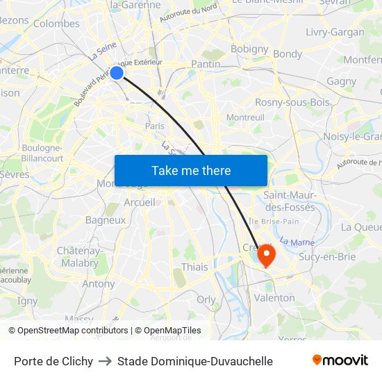 Porte de Clichy to Stade Dominique-Duvauchelle map