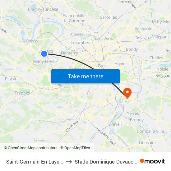 Saint-Germain-En-Laye RER to Stade Dominique-Duvauchelle map