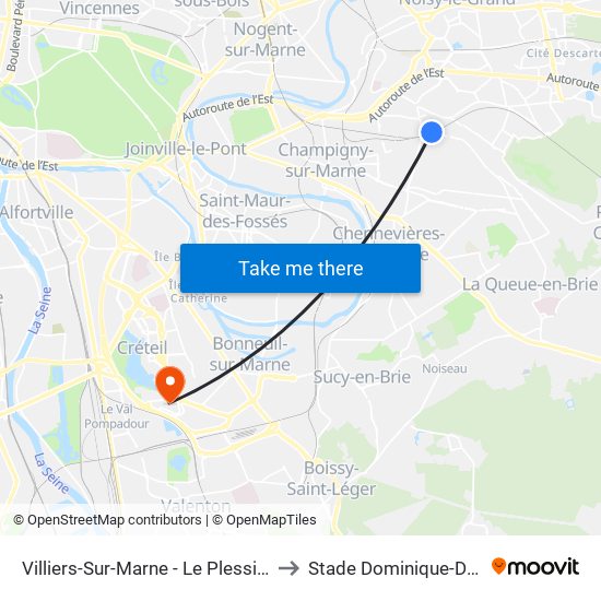 Villiers-Sur-Marne - Le Plessis-Trévise RER to Stade Dominique-Duvauchelle map
