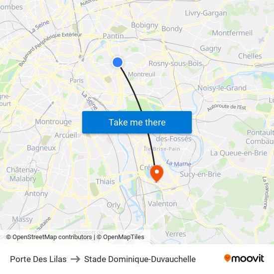 Porte Des Lilas to Stade Dominique-Duvauchelle map