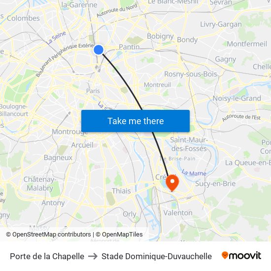 Porte de la Chapelle to Stade Dominique-Duvauchelle map