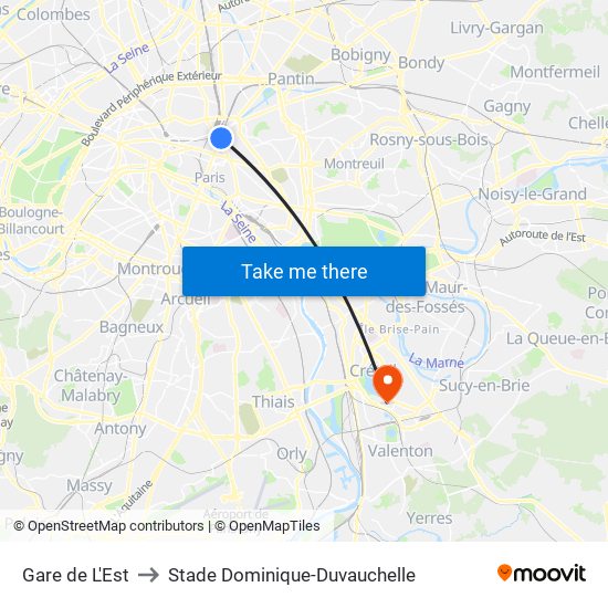 Gare de L'Est to Stade Dominique-Duvauchelle map