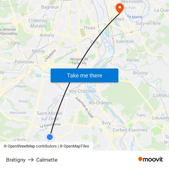 Brétigny to Calmette map