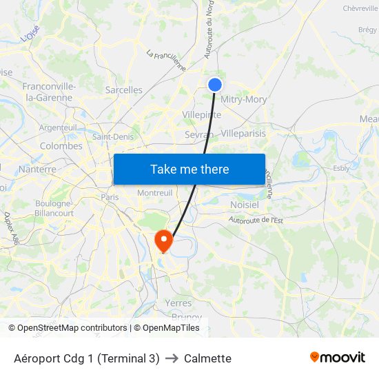 Aéroport Cdg 1 (Terminal 3) to Calmette map