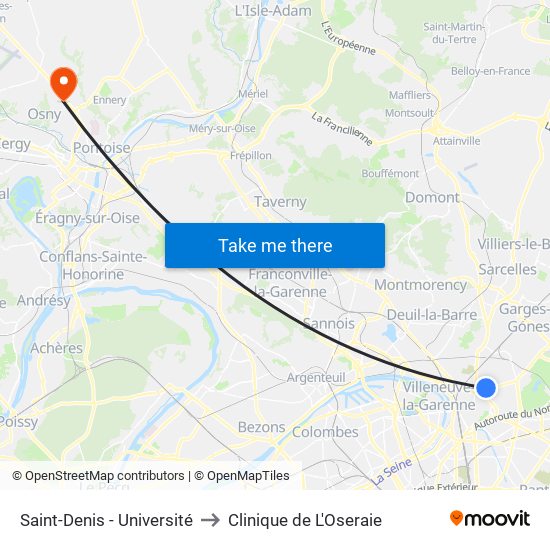 Saint-Denis - Université to Clinique de L'Oseraie map