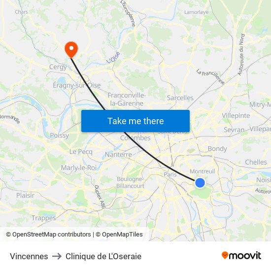 Vincennes to Clinique de L'Oseraie map
