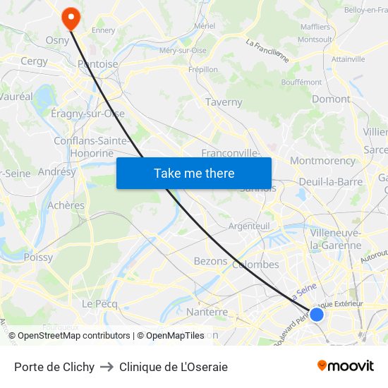 Porte de Clichy to Clinique de L'Oseraie map
