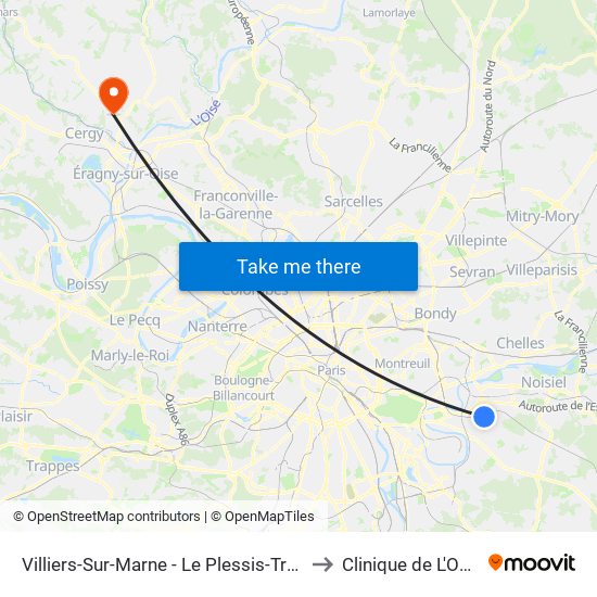 Villiers-Sur-Marne - Le Plessis-Trévise RER to Clinique de L'Oseraie map