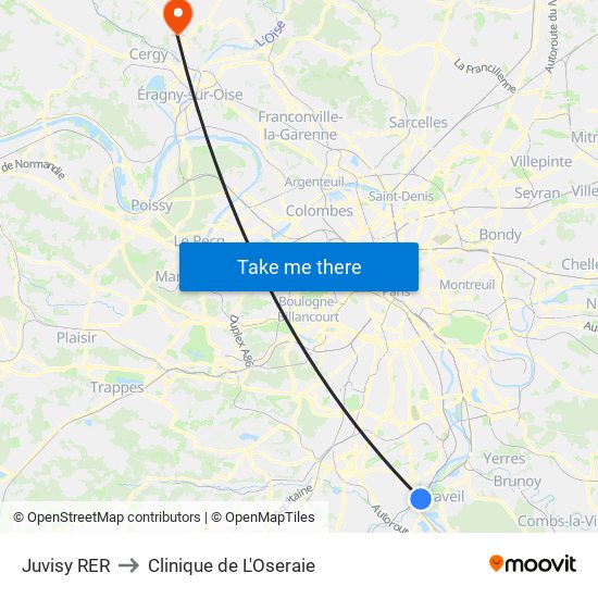 Juvisy RER to Clinique de L'Oseraie map
