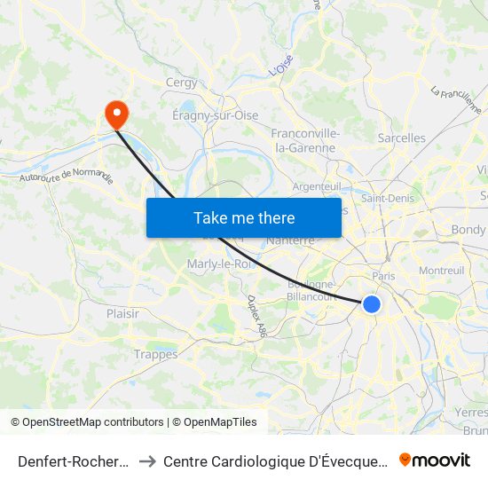 Denfert-Rochereau to Centre Cardiologique D'Évecquemont map