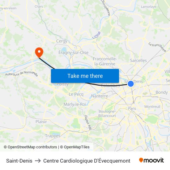 Saint-Denis to Centre Cardiologique D'Évecquemont map