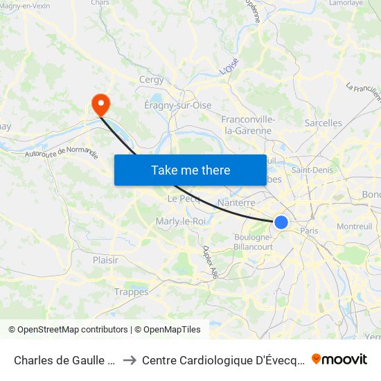 Charles de Gaulle Etoile to Centre Cardiologique D'Évecquemont map