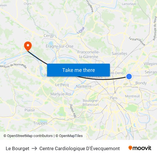 Le Bourget to Centre Cardiologique D'Évecquemont map