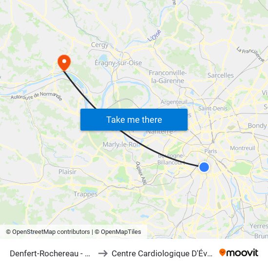 Denfert-Rochereau - Métro-Rer to Centre Cardiologique D'Évecquemont map