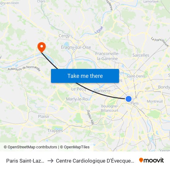 Paris Saint-Lazare to Centre Cardiologique D'Évecquemont map