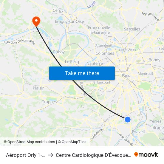 Aéroport Orly 1-2-3 to Centre Cardiologique D'Évecquemont map