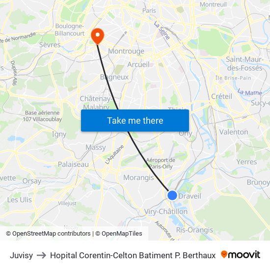 Juvisy to Hopital Corentin-Celton Batiment P. Berthaux map