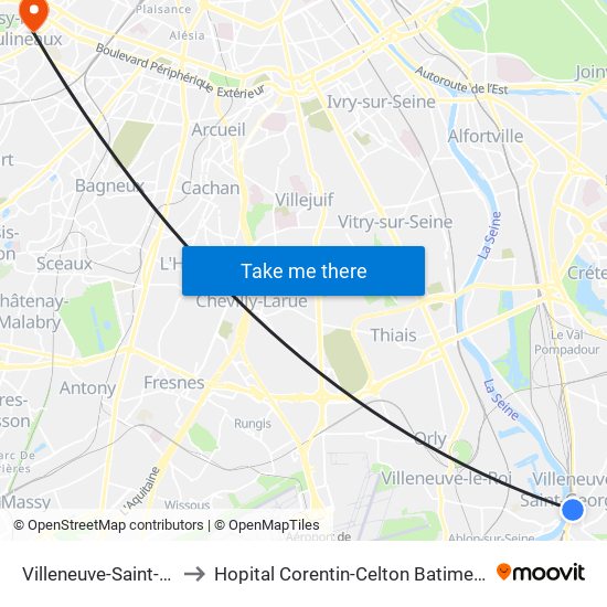 Villeneuve-Saint-Georges to Hopital Corentin-Celton Batiment P. Berthaux map