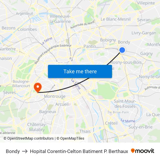 Bondy to Hopital Corentin-Celton Batiment P. Berthaux map