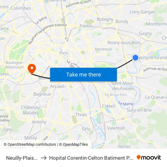 Neuilly-Plaisance to Hopital Corentin-Celton Batiment P. Berthaux map