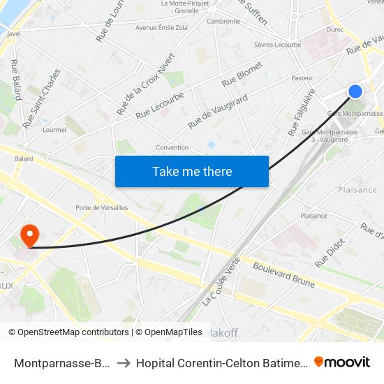Montparnasse-Bienvenue to Hopital Corentin-Celton Batiment P. Berthaux map