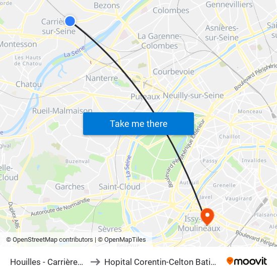 Houilles - Carrières-Sur-Seine to Hopital Corentin-Celton Batiment P. Berthaux map