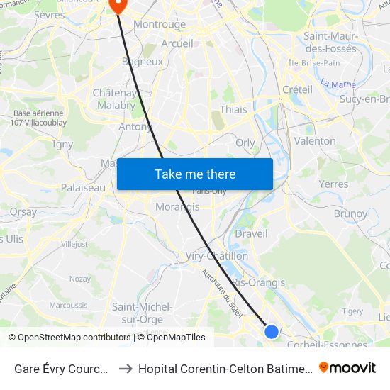 Gare Évry Courcouronnes to Hopital Corentin-Celton Batiment P. Berthaux map