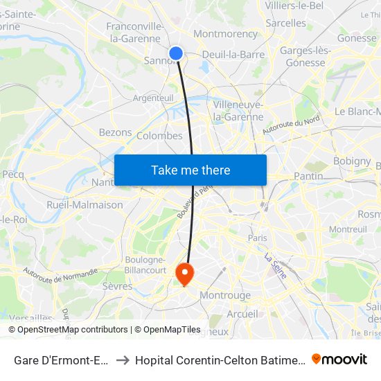 Gare D'Ermont-Eaubonne to Hopital Corentin-Celton Batiment P. Berthaux map