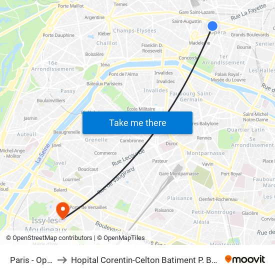 Paris - Opéra to Hopital Corentin-Celton Batiment P. Berthaux map