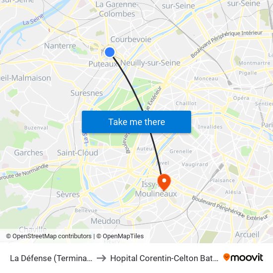 La Défense (Terminal Jules Verne) to Hopital Corentin-Celton Batiment P. Berthaux map