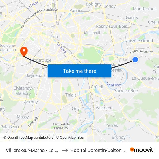 Villiers-Sur-Marne - Le Plessis-Trévise RER to Hopital Corentin-Celton Batiment P. Berthaux map